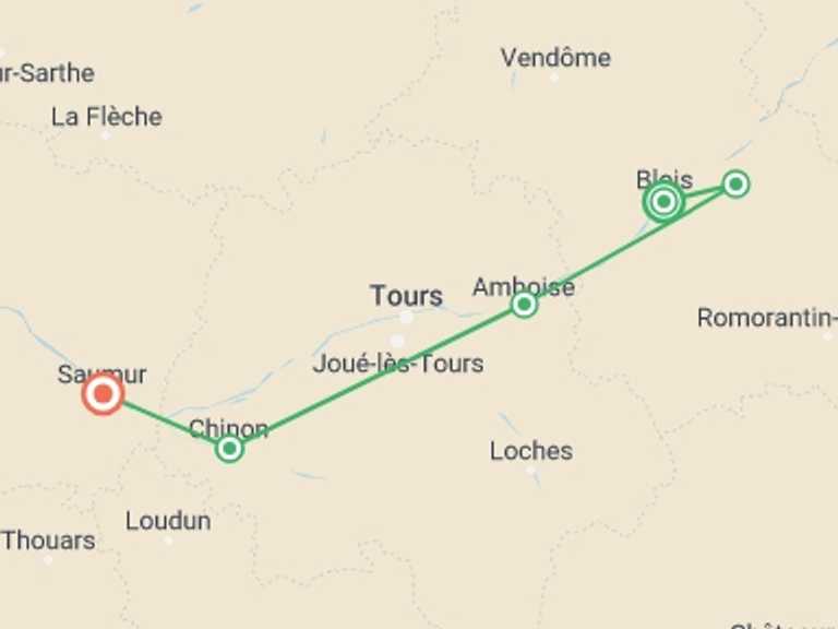 Map of 7-Day Paris Tour with 8 destination visits for the trip: Cycle the Loire Valley