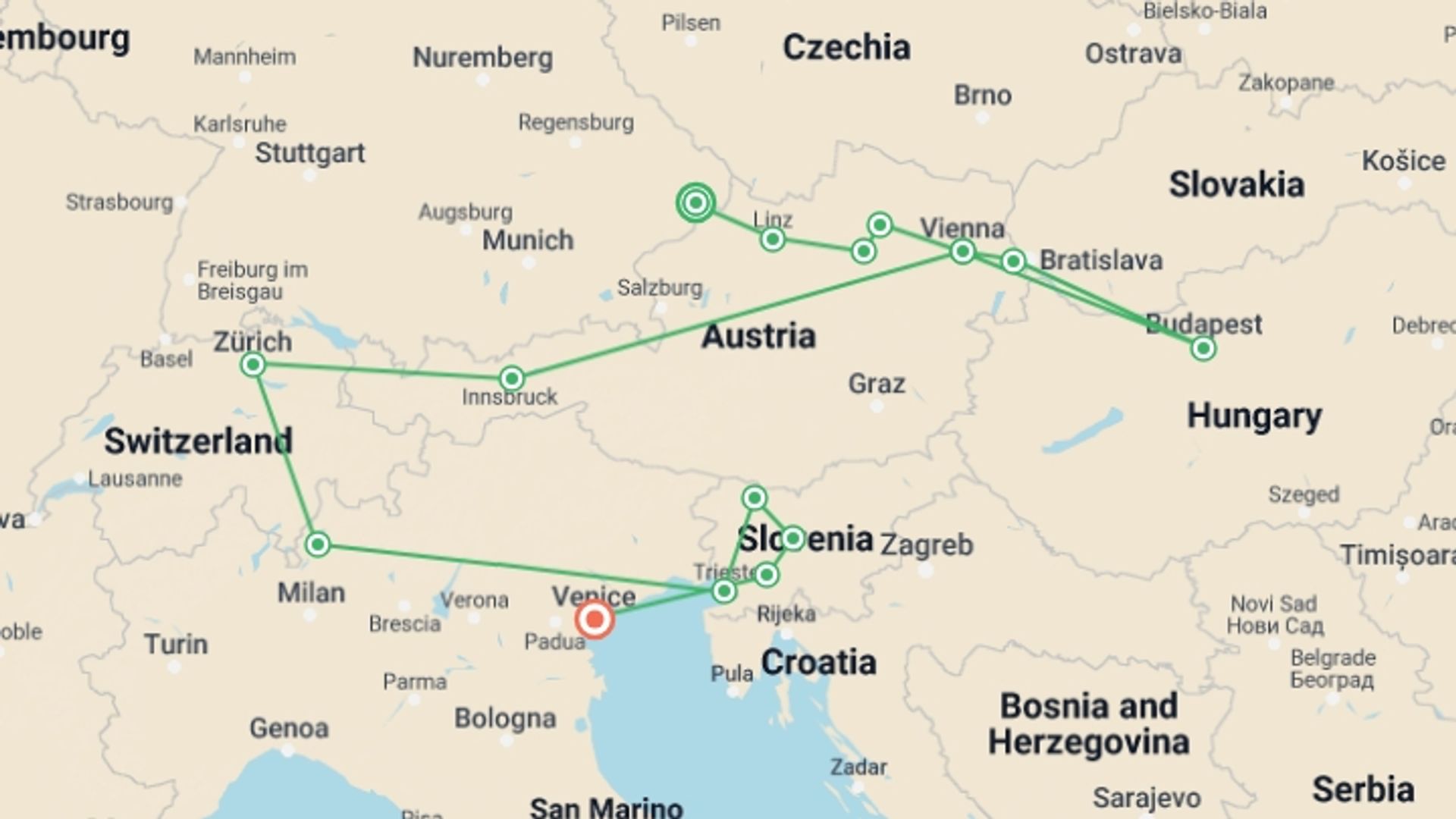 A map showing the tour itinerary for the trip: Cruise & Rail: Grand Alpine & the Enchanting Danube (2026), starting in Passau, Germany and ending in Venice, Italy going through 10 other destinations.