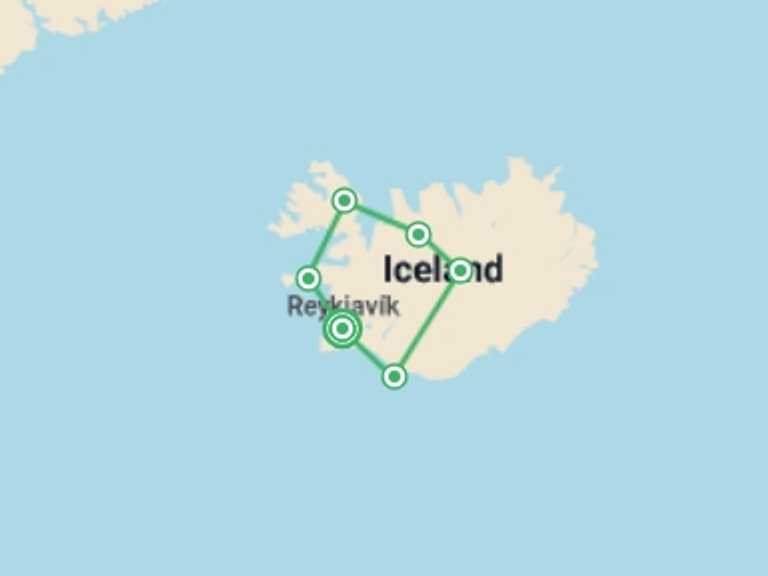 Map itinerary of Reykjavik Tour in Summer with 6 destination visits for the trip: Iceland Circumnavigation: Helicopters, Glaciers and Volcanoes