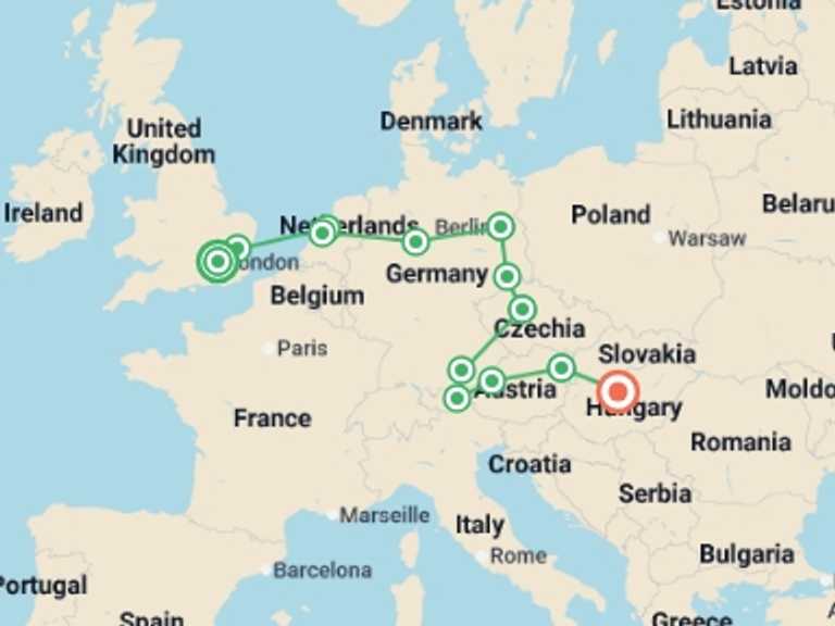 Map itinerary of London Tour in Winter with 9 destination visits for the trip: From London to Budapest