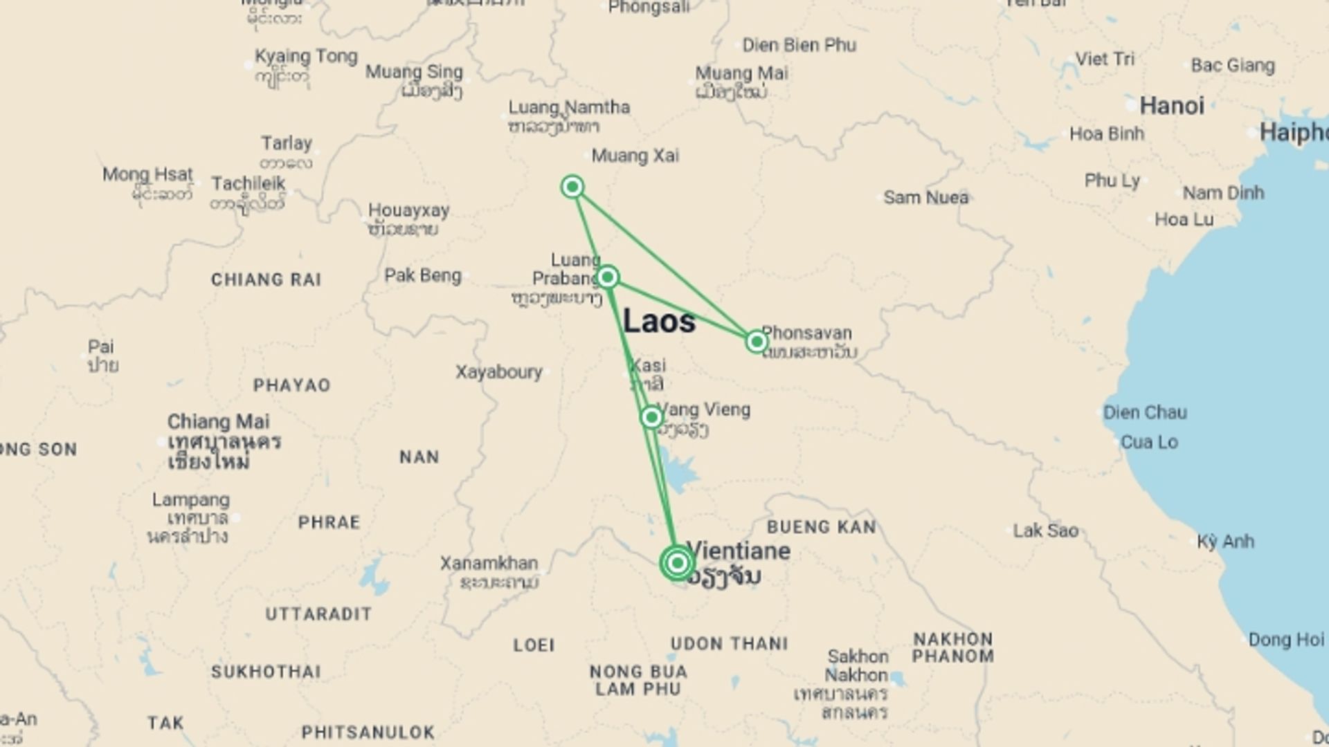 A map showing the tour itinerary for the trip: Discover Laos in Comfort, starting in Vientiane, Laos and ending in Vientiane, Laos going through 4 other destinations.