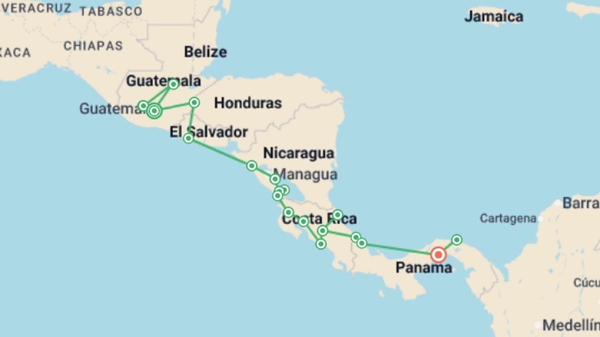 A map showing the tour itinerary for the trip: Antigua to Panama City Travel Pass, starting in Antigua, Guatemala and ending in Panama City, Panama going through 18 other destinations.