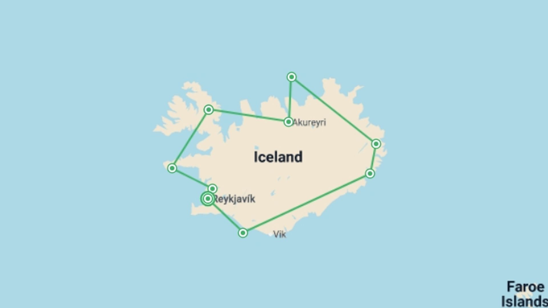 A map showing the tour itinerary for the trip: Iceland Circumnavigation - M/V Greg Mortimer, starting in Reykjavik, Iceland and ending in Reykjavik, Iceland going through 8 other destinations.
