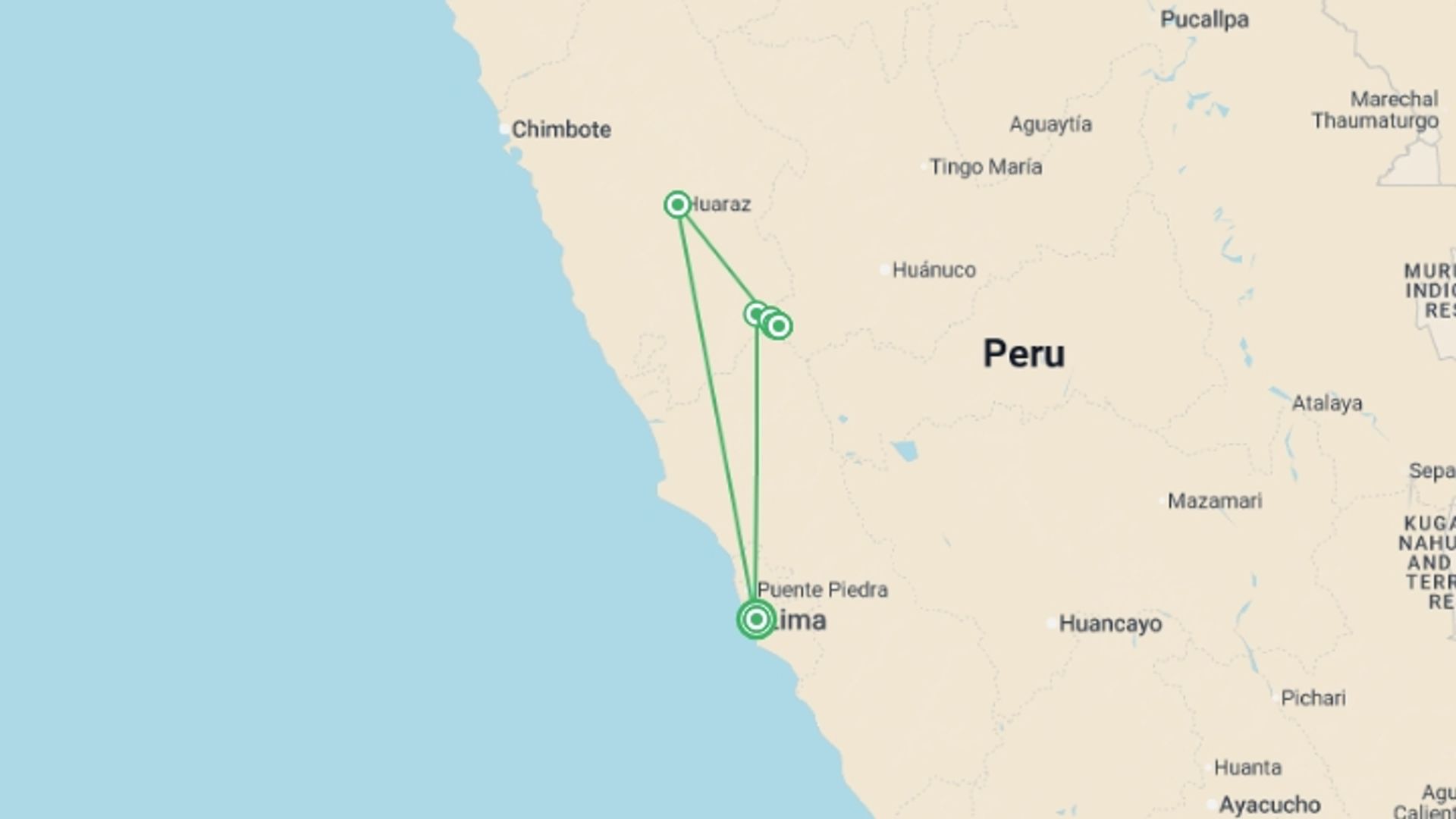 A map showing the tour itinerary for the trip: Huayhuash Circuit, starting in Lima, Peru and ending in Lima, Peru going through 6 other destinations.