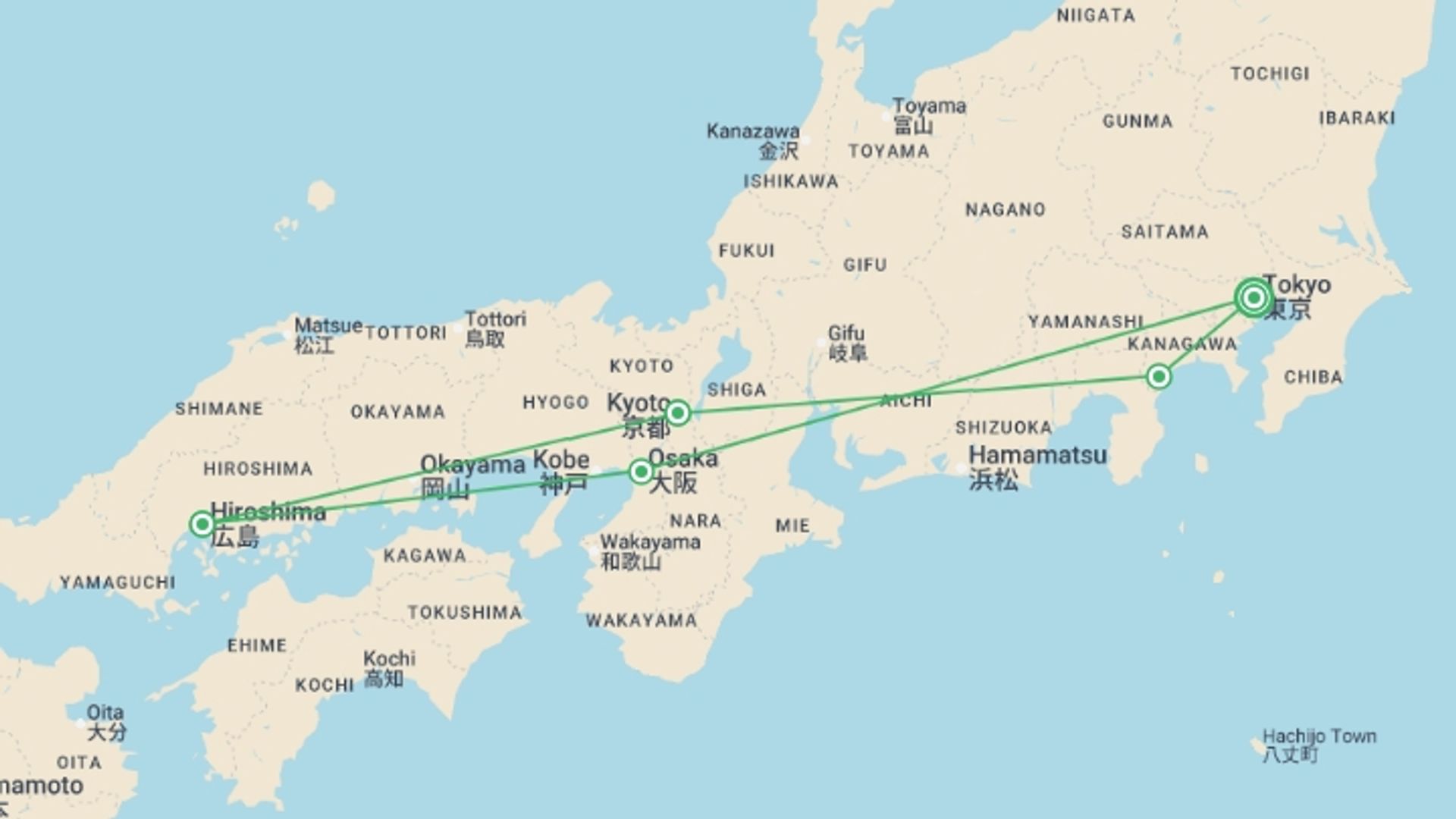 A map showing the tour itinerary for the trip: Japan Highlights 8D/7N, starting in Tokyo, Japan and ending in Tokyo, Japan going through 4 other destinations.