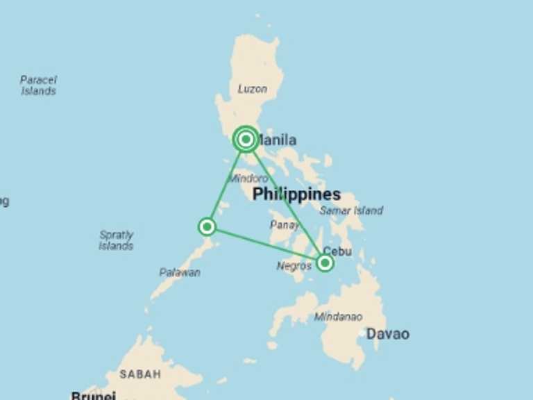 Map itinerary of Philippines Tour in February 2026 with 3 destination visits for the trip: Manila, Bohol & El Nido (3 Star) - 8 days