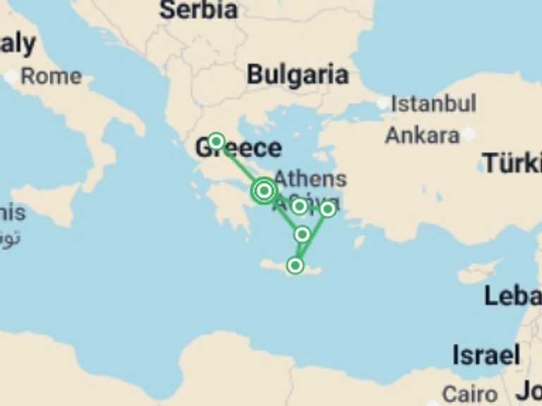 Map of Europe Tour with 4 destination visits for the trip: Athens, Northern Greece and the Beautiful Aegean Ext