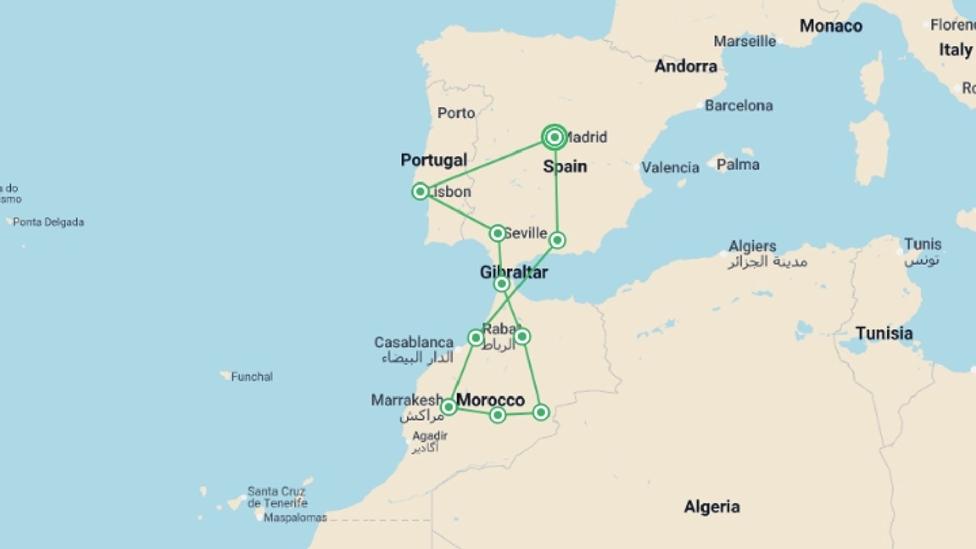 A map showing the tour itinerary for the trip: Best Iberian Cities and Morocco, starting in Madrid, Spain and ending in Madrid, Spain going through 9 other destinations.