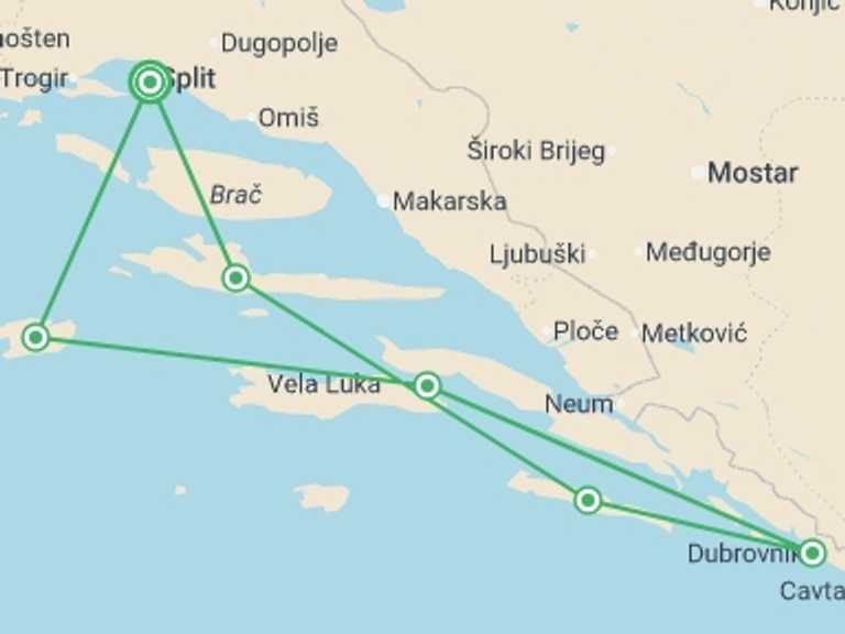Map of Europe Tour with 7 destination visits for the trip: Delightful Dalmatia Cruise, 8 Days On Deluxe Yacht