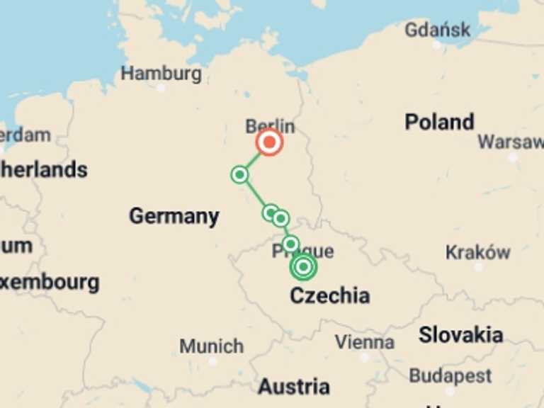 Map of Berlin Cruise Tour with 6 destination visits for the trip: From Prague to Berlin: Cruise on the Vltava and Elbe Rivers (port-to-port cruise)