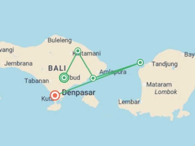 Map itinerary of Seminyak  Tour in Fall with 5 destination visits for the trip: Essential Bali & Gili Islands