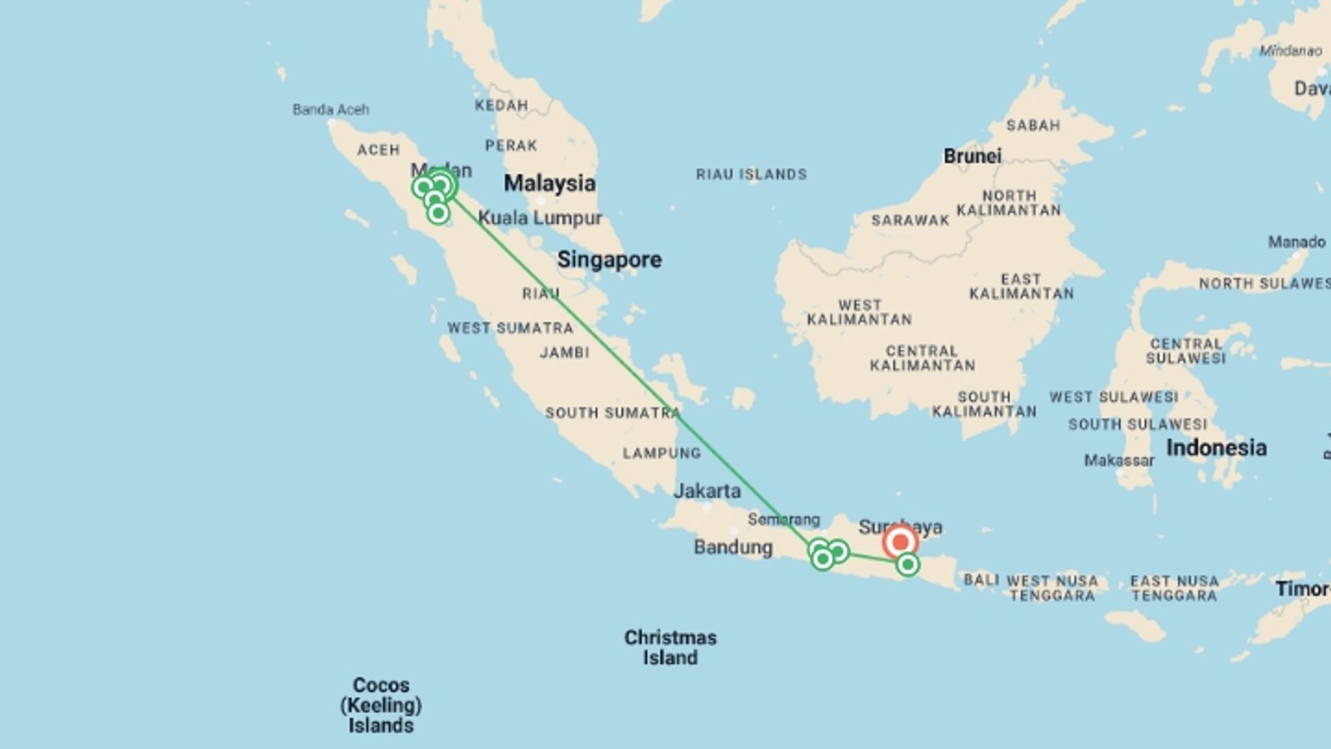A map showing the tour itinerary for the trip: Highlights of Java & Sumatra, starting in Medan, Indonesia and ending in Surabaya, Indonesia going through 8 other destinations.