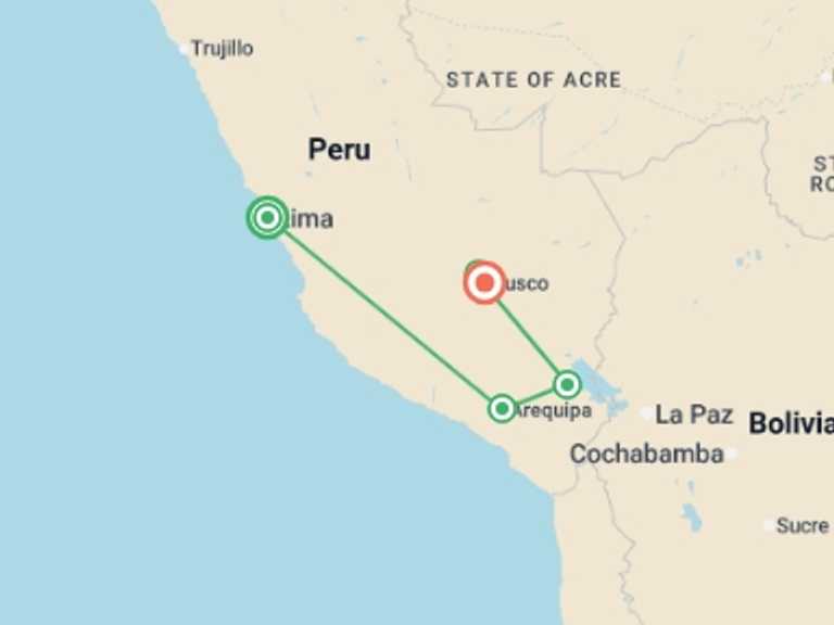 Map of South America Tour with 5 destination visits for the trip: Explore Peru – 11 Days: Lima, Colca Valley, Puno, Cusco, Machu Picchu, French-speaking Guide