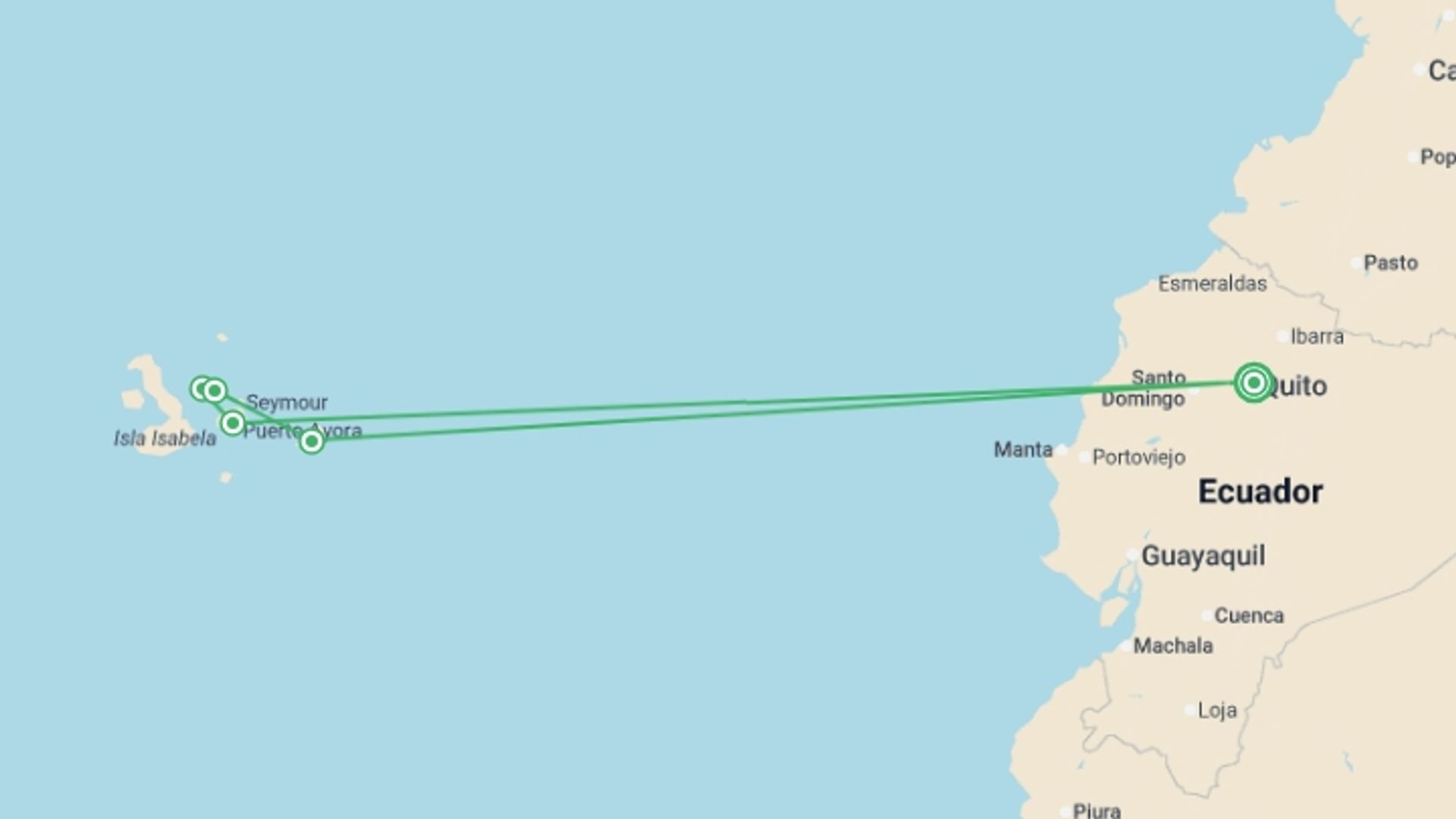 A map showing the tour itinerary for the trip: Galapagos Encounter: Central Islands (Grand Queen Beatriz), starting in Quito, Ecuador and ending in Quito, Ecuador going through 4 other destinations.