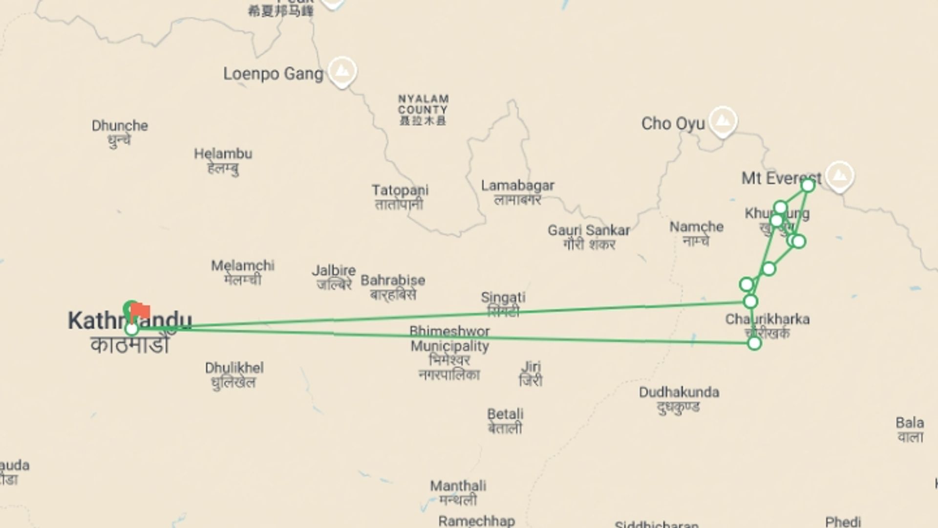 A map showing the tour itinerary for the trip: Everest Base Camp trek , starting in Kathmandu, Nepal and ending in Kathmandu, Nepal going through 10 other destinations.