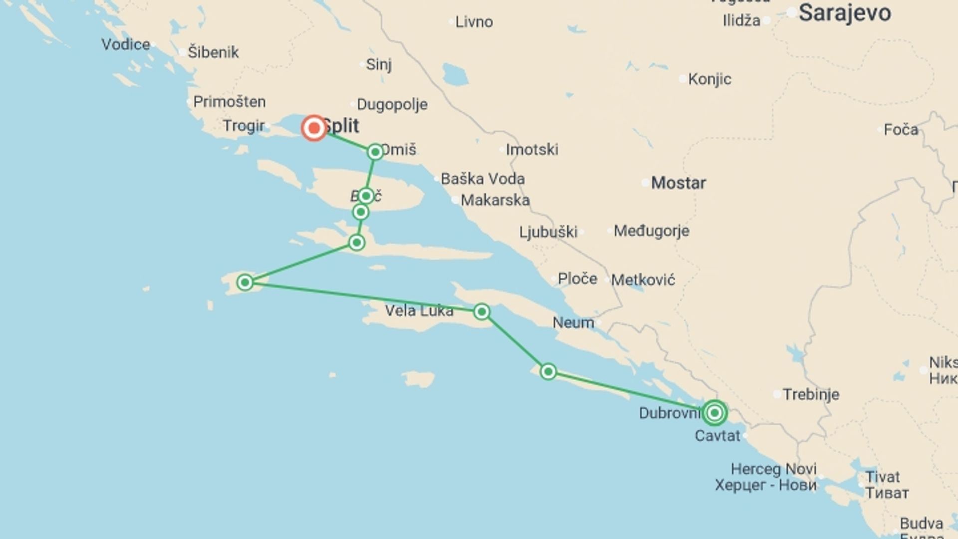 A map showing the tour itinerary for the trip: Adriatic Explorer from Dubrovnik Premium - 8 days, starting in Dubrovnik, Croatia and ending in Split, Croatia going through 5 other destinations.