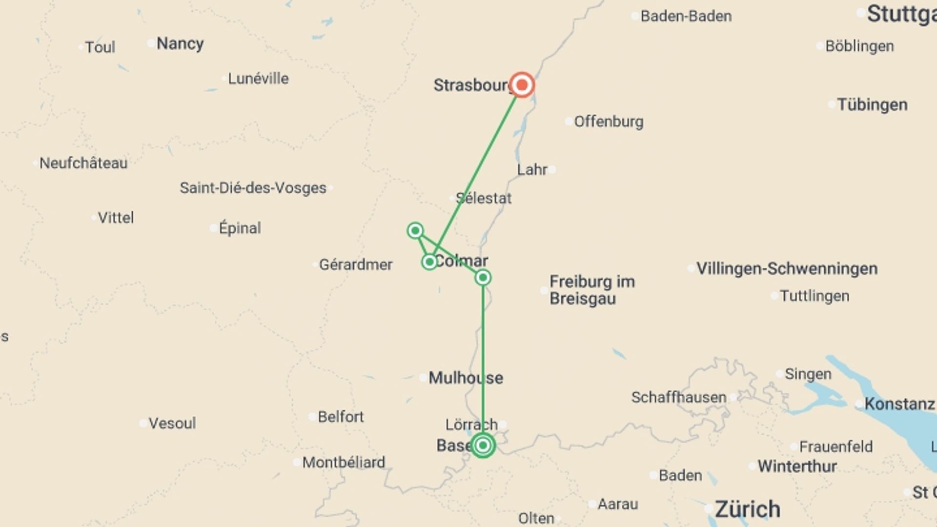 A map showing the tour itinerary for the trip: Magical Christmas extravaganzas in Switzerland and Alsace along the Rhine (port-to-port cruise), starting in Basel, Switzerland and ending in Strasbourg, France going through 2 other destinations.