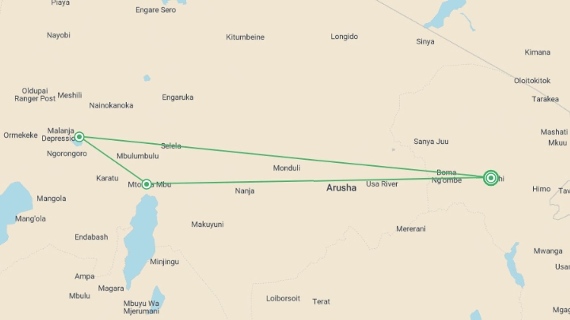 A map showing the tour itinerary for the trip: 3 Days Safari - Manyara, Ngorongoro and Tarangire, starting in Moshi, Tanzania and ending in Moshi, Tanzania going through 3 other destinations.
