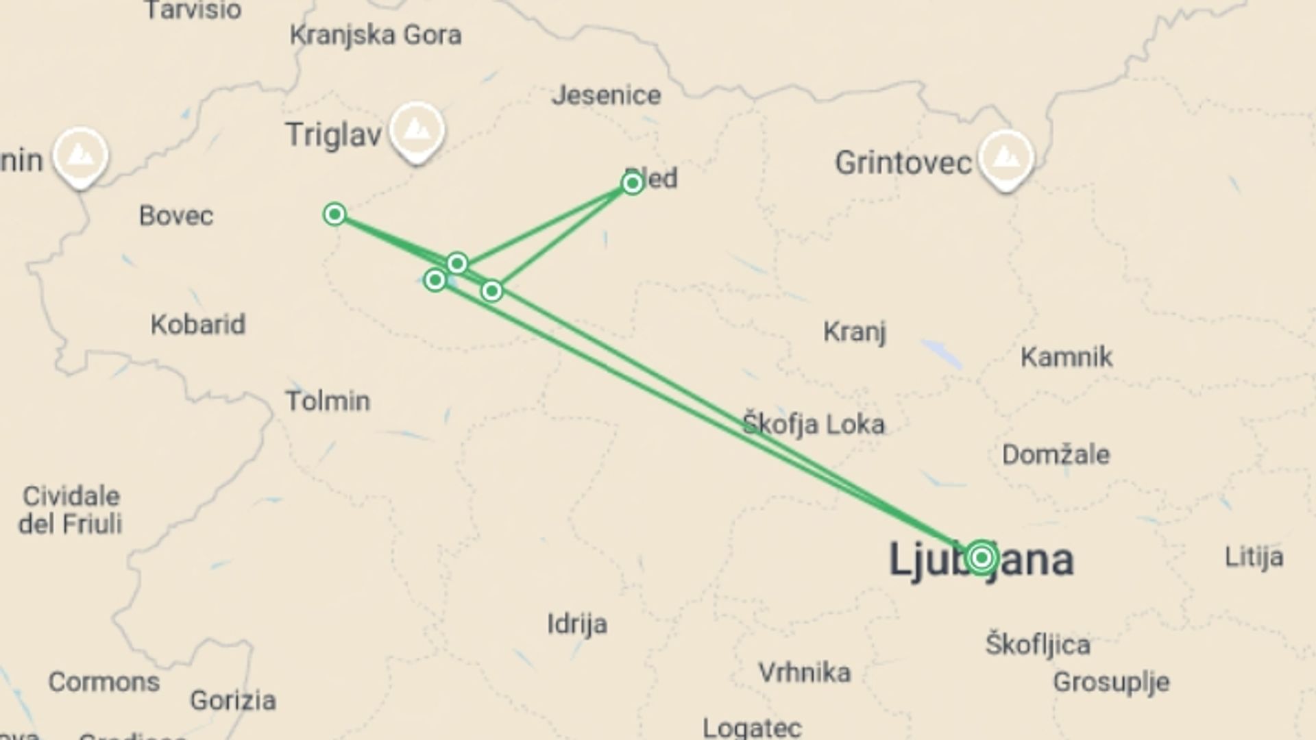 A map showing the tour itinerary for the trip: Walking in Slovenia, starting in Ljubljana, Slovenia and ending in Ljubljana, Slovenia going through 6 other destinations.