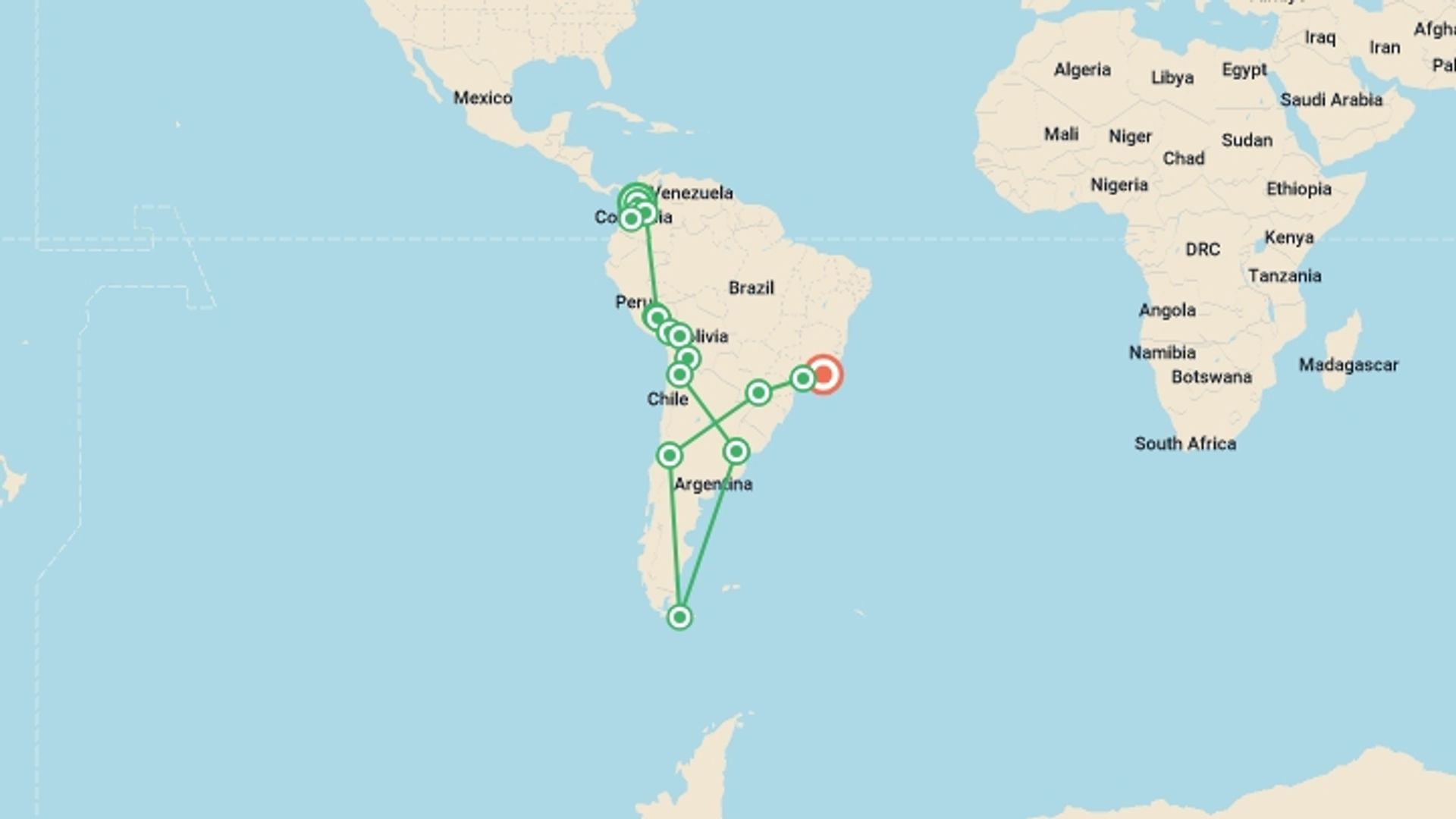 A map showing the tour itinerary for the trip: Essential Colombia to Peru & Brazil - 33 days, starting in Medellin, Colombia and ending in Rio de Janeiro, Brazil going through 14 other destinations.