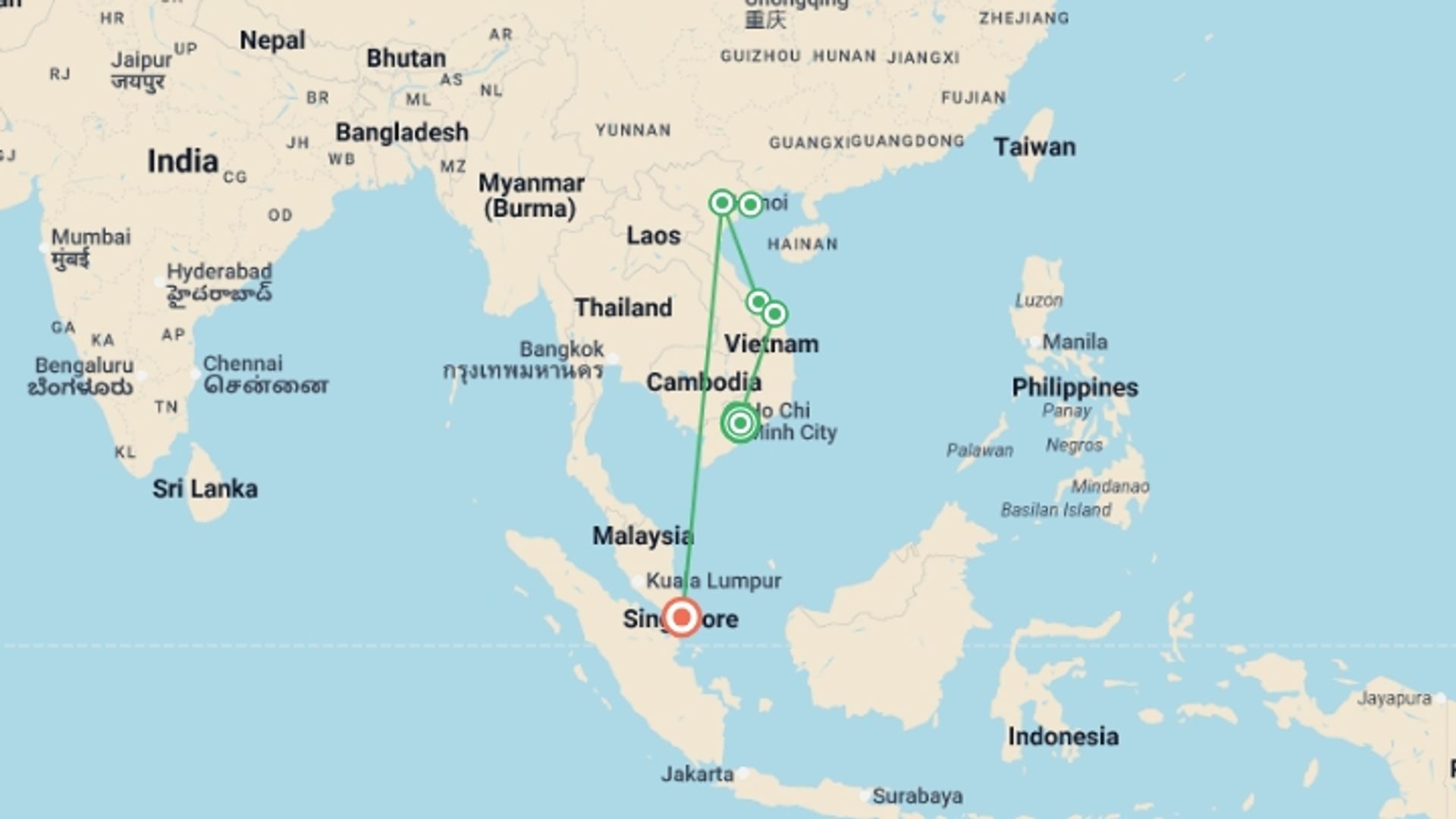 A map showing the tour itinerary for the trip: Vietnam & Singapore Discovery - 13 days, starting in Ho Chi Minh City, Vietnam and ending in Singapore, Singapore going through 6 other destinations.