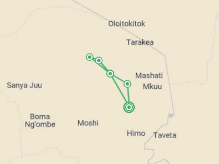 Map of Africa Walking Tour with 5 destination visits for the trip: Kilimanjaro: Marangu Route