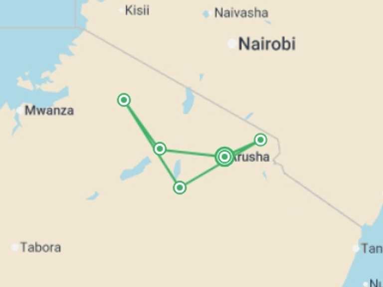 Map of 10-Day Africa Tour with 5 destination visits for the trip: Wild About Tanzania - 10 days