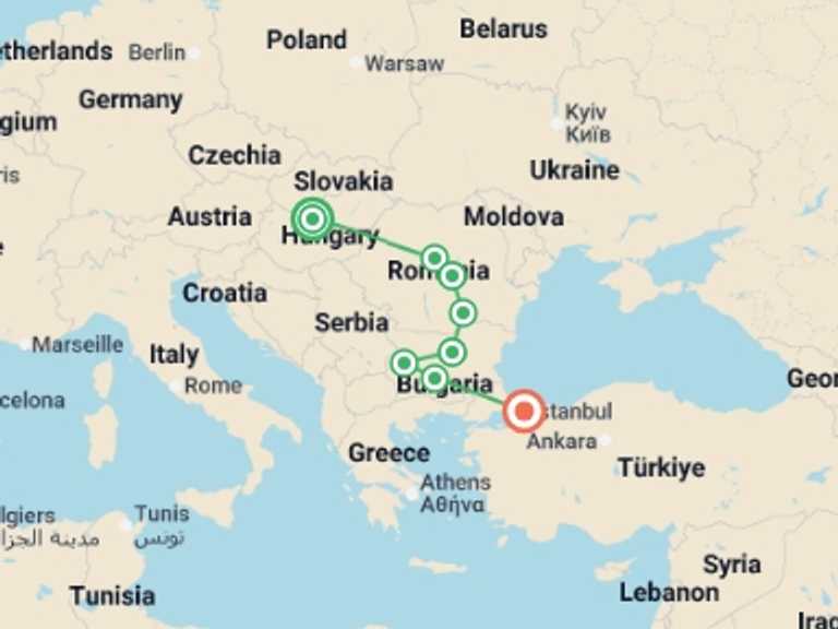 Map itinerary of Europe Tour in June 2026 with 8 destination visits for the trip: Budapest to Istanbul