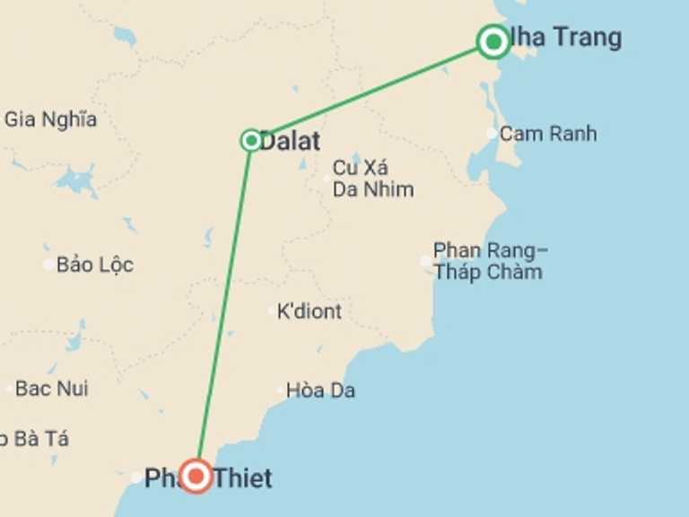 Map of Vietnam Tour with 3 destination visits for the trip: Mountain to Coast Bike Experience 2D/1N