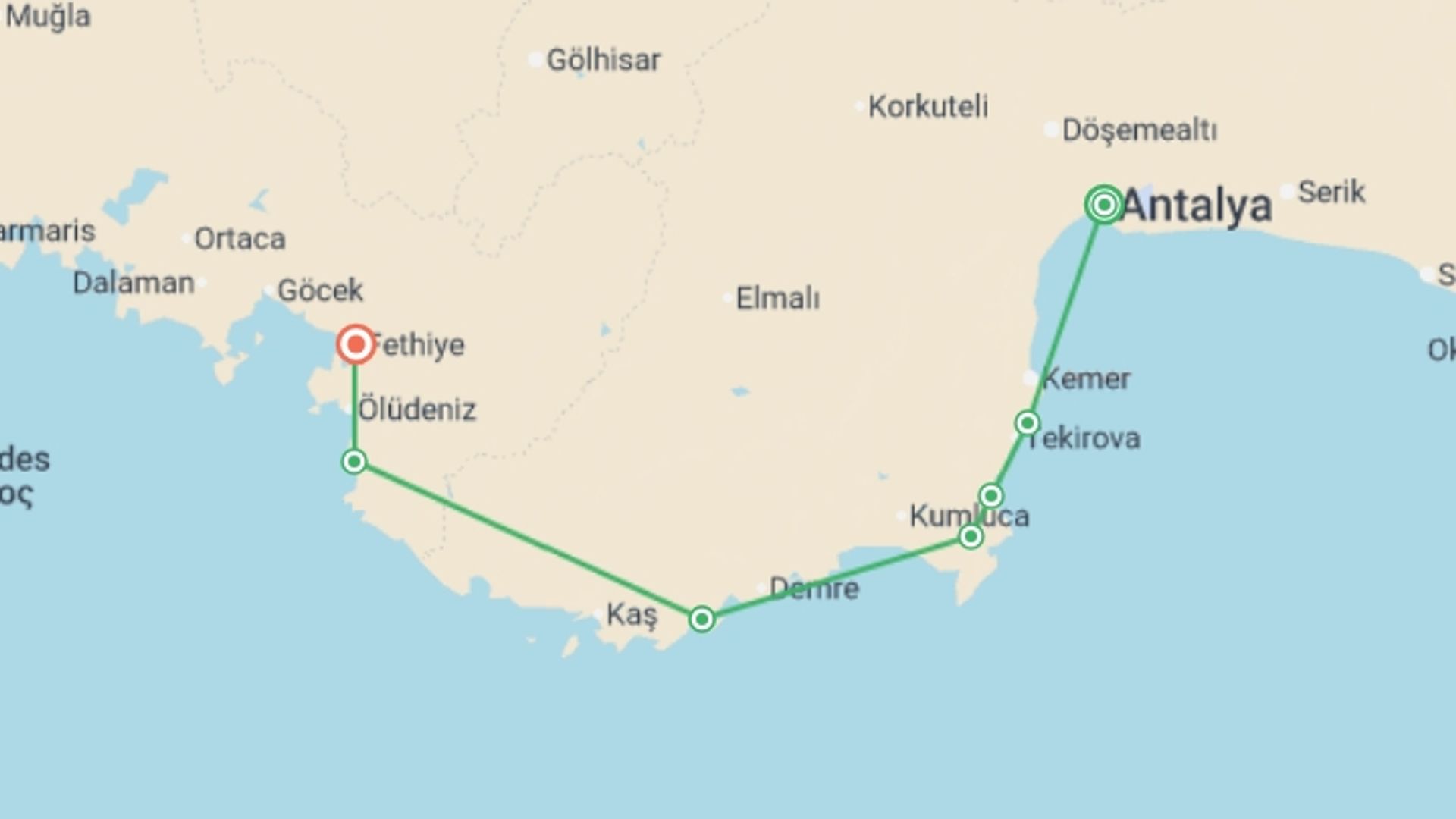 A map showing the tour itinerary for the trip: Walk the highlights of the Lycian Way, starting in Antalya, Turkey and ending in Fethiye, Turkey going through 6 other destinations.