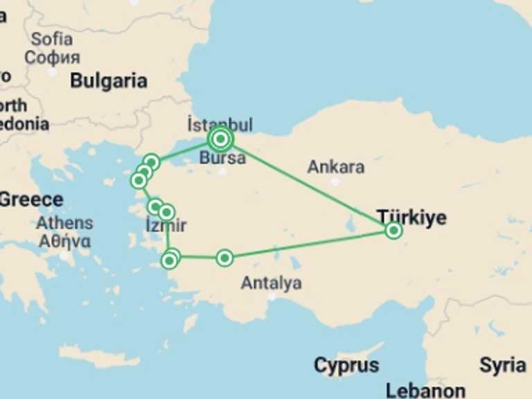 Map of Pamukkale City sightseeing Tour with 7 destination visits for the trip: Anzac Day Tour-10 Days