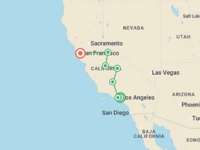 Map itinerary of USA Tour in December 2026 with 4 destination visits for the trip: Fascinating West, Ending in San Francisco