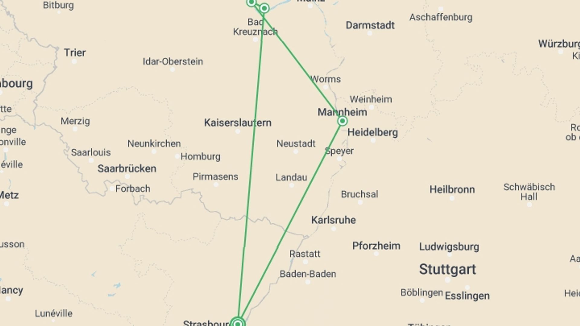 A map showing the tour itinerary for the trip: The Rhine in flames (port-to-port cruise), starting in Strasbourg, France and ending in Strasbourg, France going through 3 other destinations.