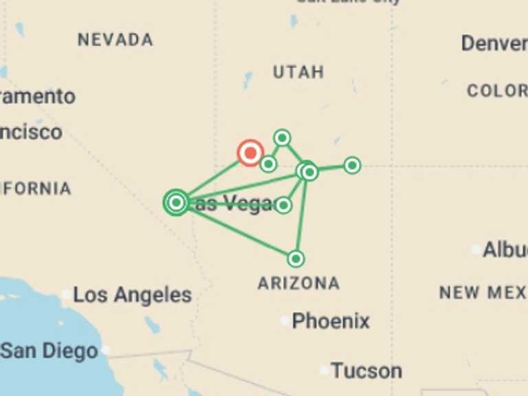 Map itinerary of Europe Tour in September 2026 with 5 destination visits for the trip: Vegas, Monument Valley & Grand Canyon - 7 days