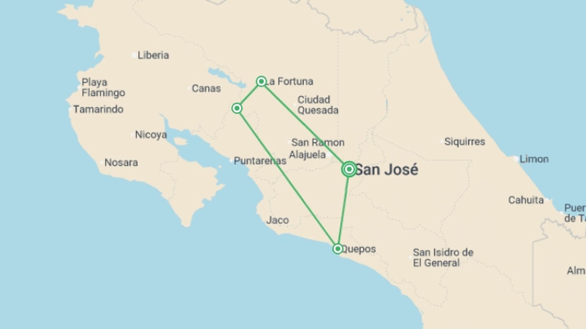 A map showing the tour itinerary for the trip: Costa Rica Quest, starting in San Jose, Costa Rica and ending in San Jose, Costa Rica going through 4 other destinations.
