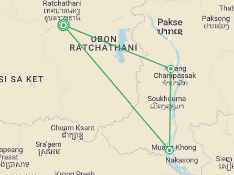 Map itinerary of Thailand Tour in December 2026 with 4 destination visits for the trip: Southern Laos by Bicycle