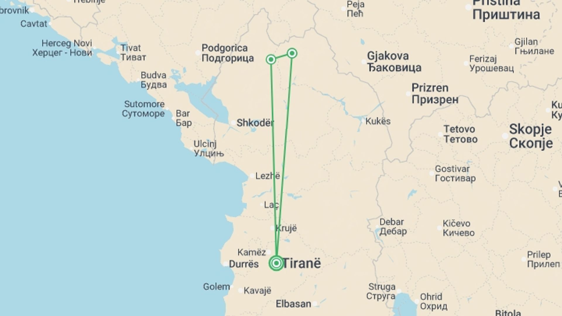A map showing the tour itinerary for the trip: Trek Albania - 4 days, starting in Tirana, Albania and ending in Tirana, Albania going through 2 other destinations.