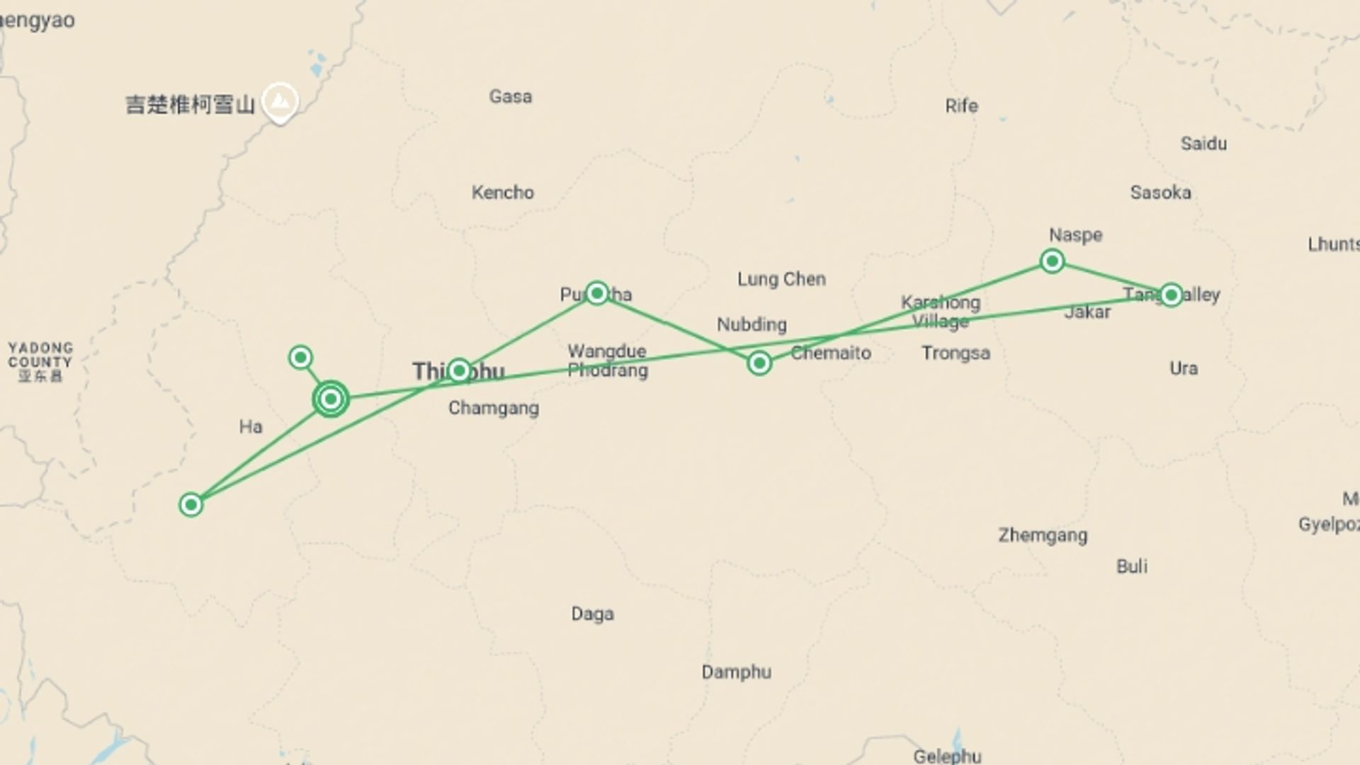A map showing the tour itinerary for the trip: Bhutan Cultural Journey, starting in Paro, Bhutan and ending in Paro, Bhutan going through 6 other destinations.