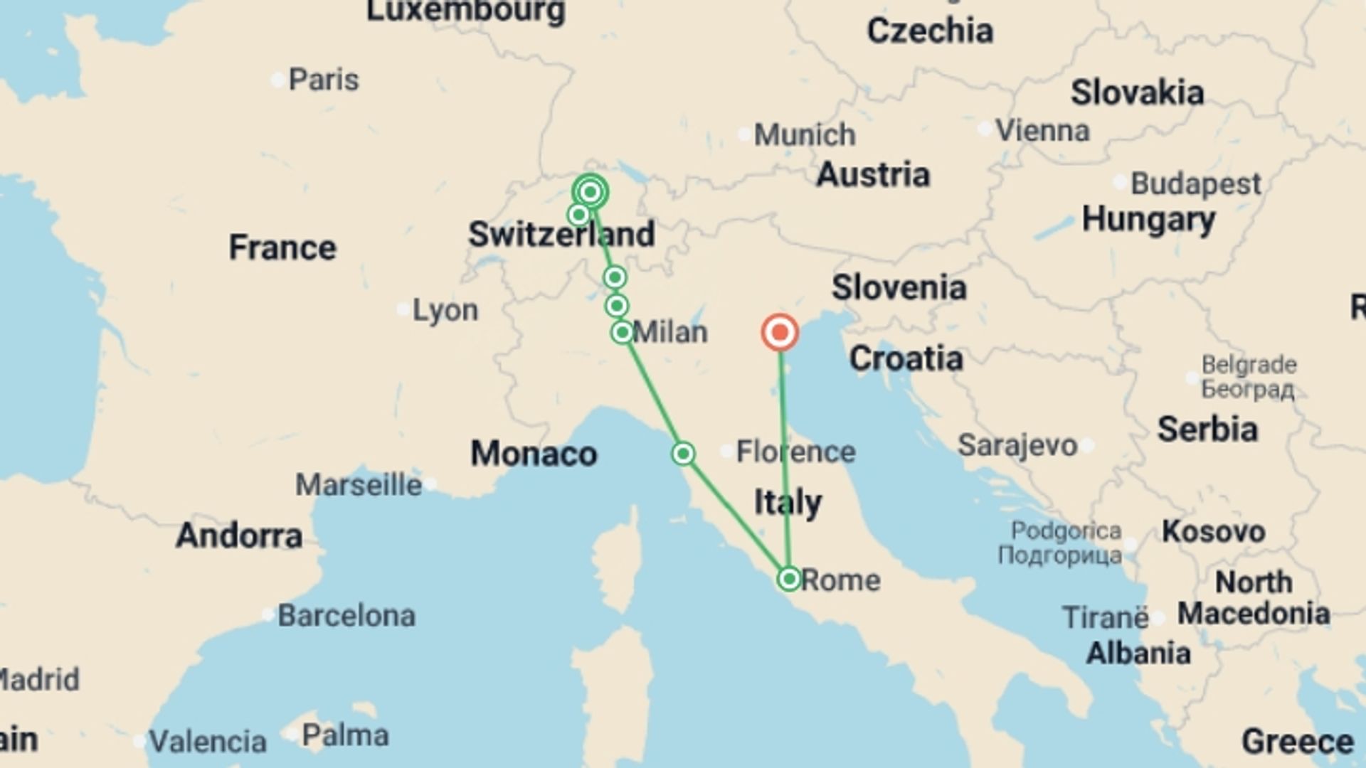 A map showing the tour itinerary for the trip: Swiss and Italian Spotlight End Venice AR, starting in Zurich, Switzerland and ending in Venice, Italy going through 2 other destinations.