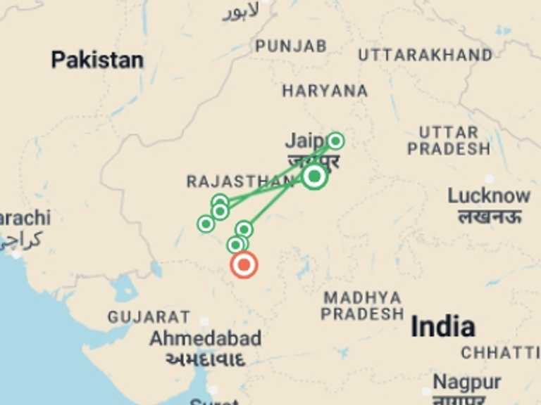 Map itinerary of Udaipur Tour in October 2026 with 9 destination visits for the trip: Riding Regal Rajasthan