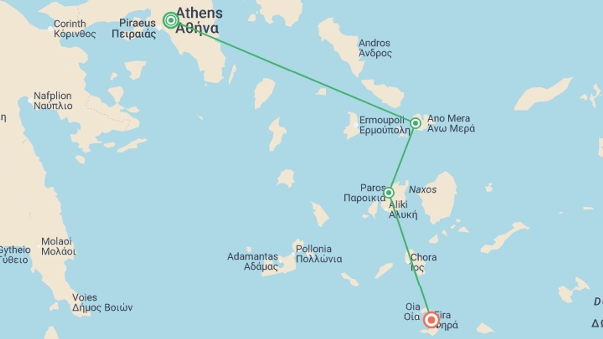 A map showing the tour itinerary for the trip: Athens to Santorini Island Hopping, starting in Athens, Greece and ending in Santorini, Greece going through 2 other destinations.