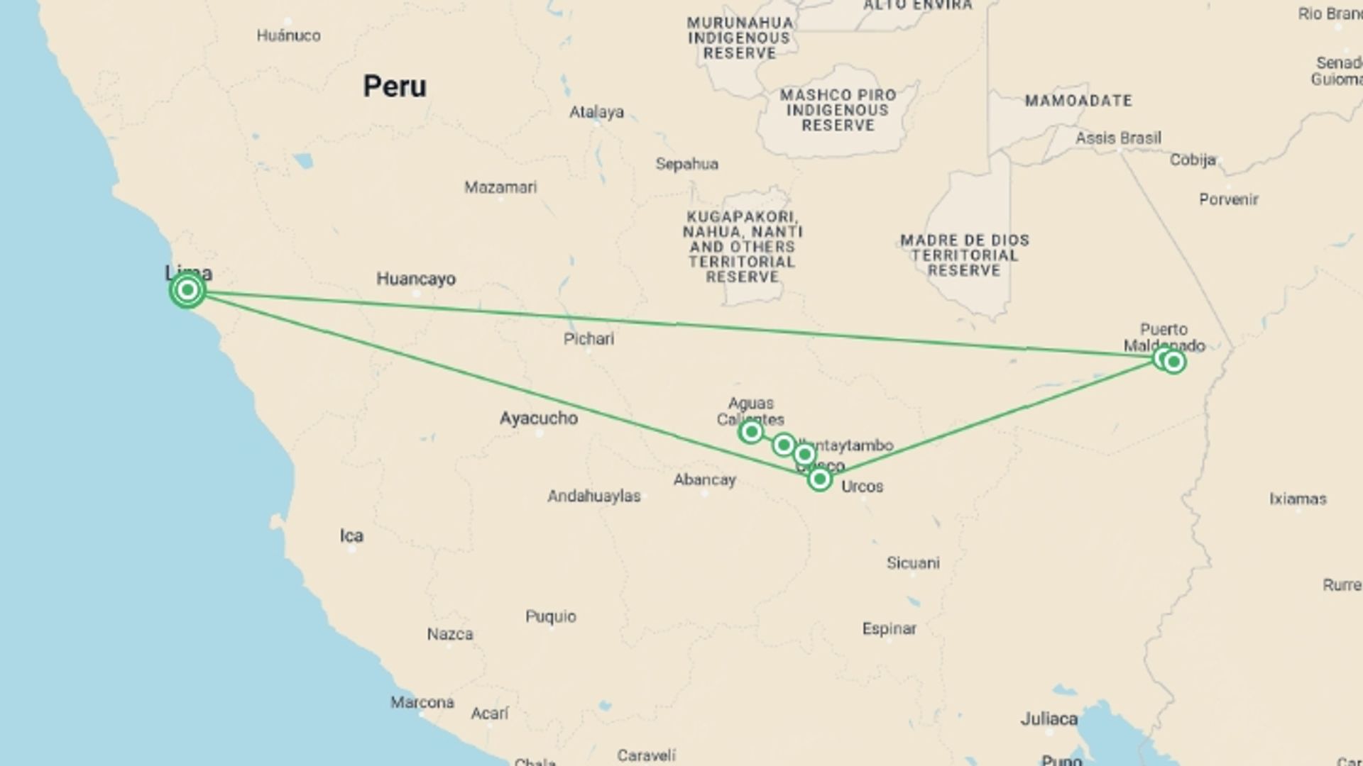 A map showing the tour itinerary for the trip: The Inca Journey, starting in Lima, Peru and ending in Lima, Peru going through 4 other destinations.