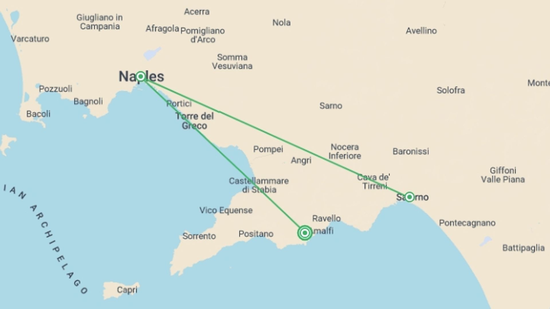 A map showing the tour itinerary for the trip: Campania Delights: Pompeii and the Amalfi Coast, starting in Amalfi Coast & Campania, Italy and ending in Amalfi Coast & Campania, Italy going through 2 other destinations.