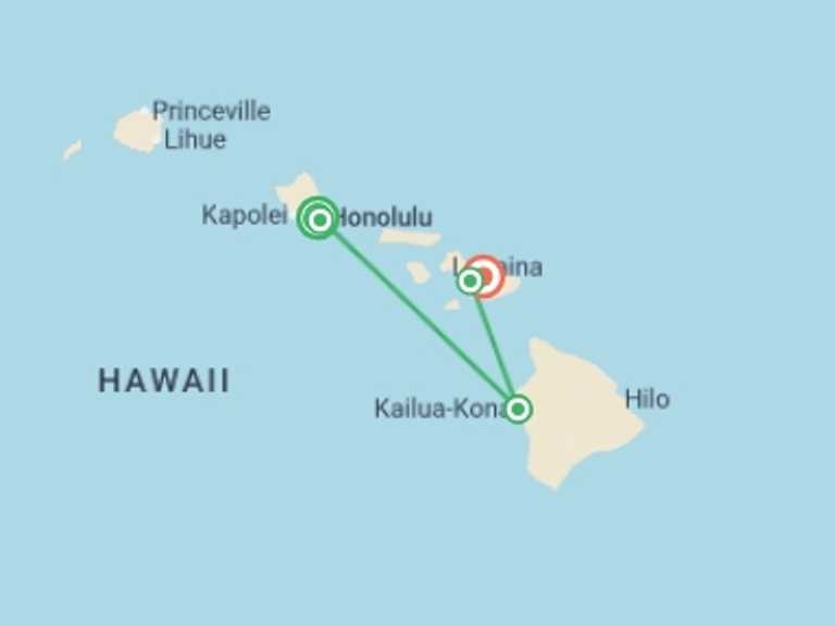 Map of a Beach Tour with 6 destination visits for the trip: Hawaiian Adventure  Three Islands featuring O'ahu, Big Island and Maui