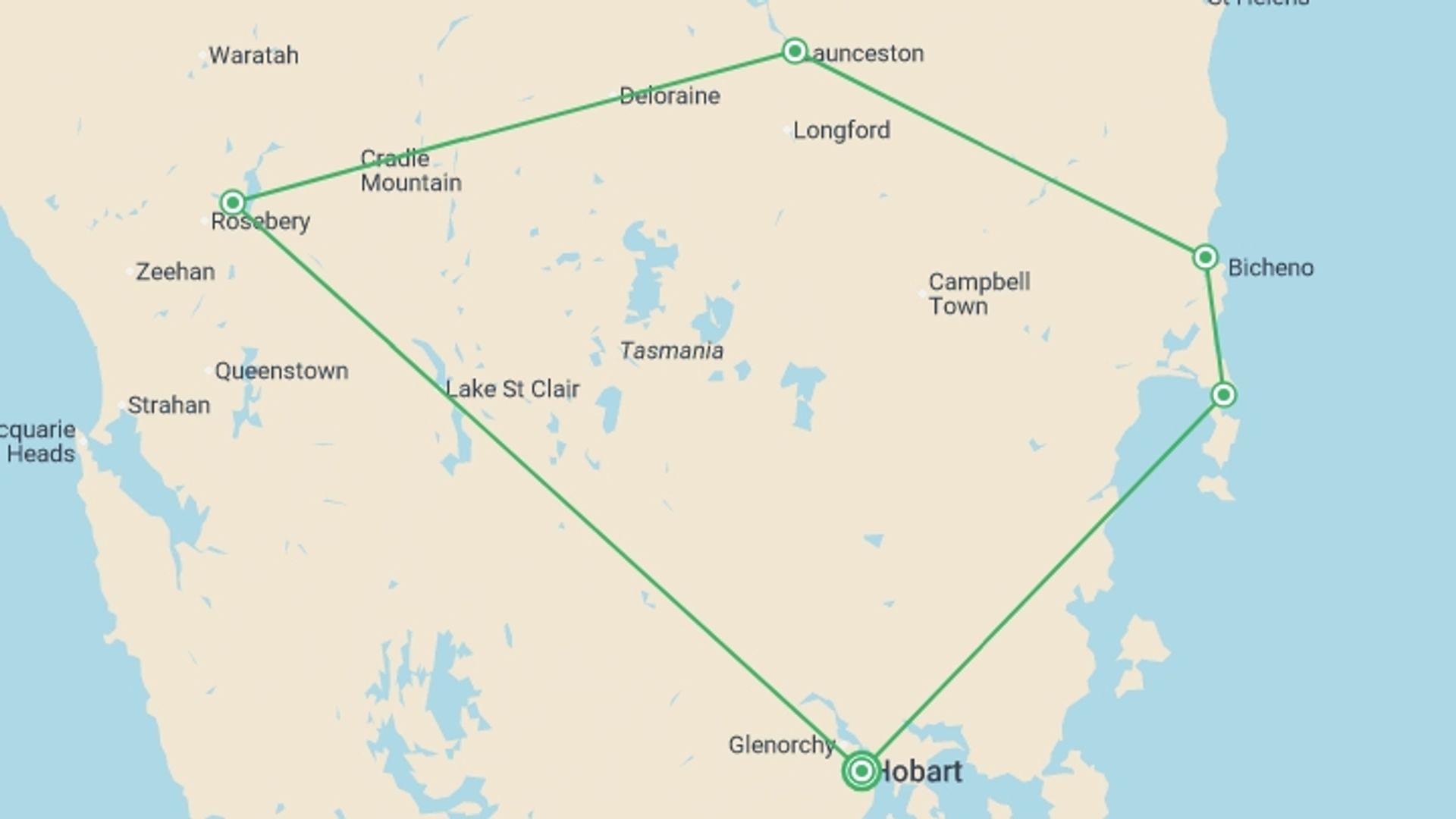 A map showing the tour itinerary for the trip: Totally Tasmania - 6 days, starting in Hobart, Australia and ending in Hobart, Australia going through 4 other destinations.
