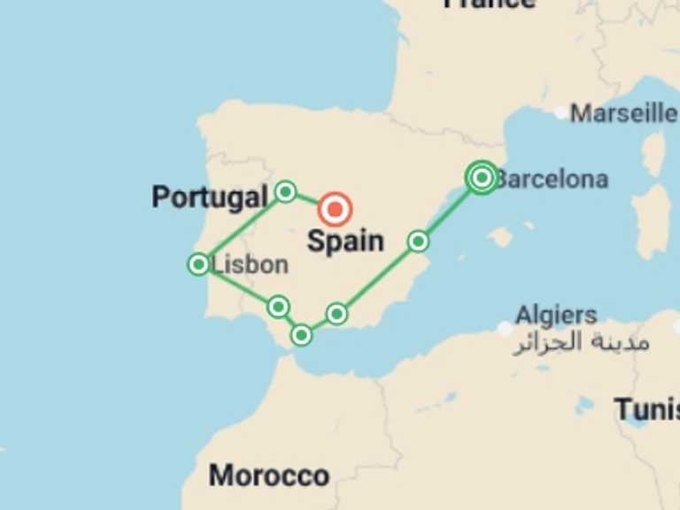 Map itinerary of Europe Tour in July 2026 with 8 destination visits for the trip: Iberian Explorer