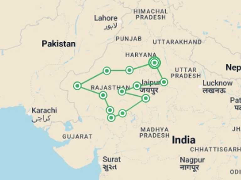 Map itinerary of Asia Tour in June 2026 with 12 destination visits for the trip: Royal India (5 Star) - 21 days