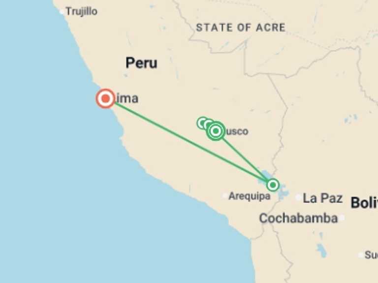 Map itinerary of Lima Tour in Spring with 6 destination visits for the trip: Discover Peru