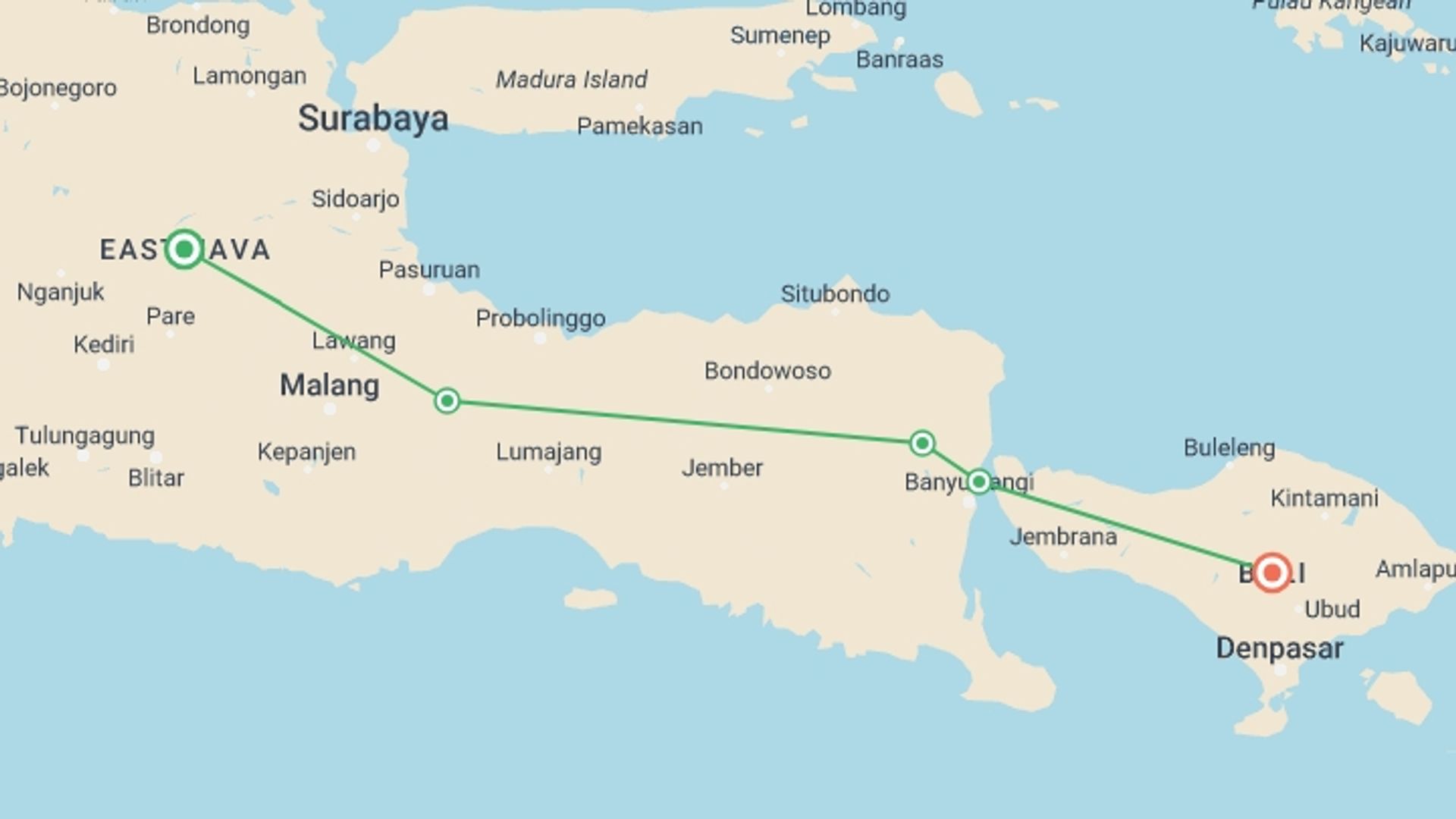 A map showing the tour itinerary for the trip: Bromo Sunrise & Ijen Blue Fire Tour, starting in East Java, Indonesia and ending in Bali, Indonesia going through 3 other destinations.