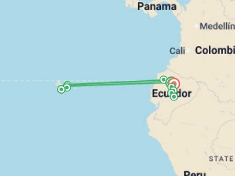 Map of South America Tour with 7 destination visits for the trip: Ecuador & Galapagos Family Adventure - 12 days